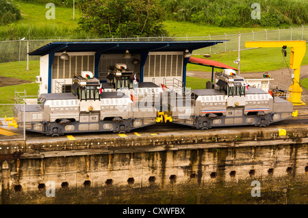 Panama Panama Canal Electric mules or railroad tugs used to guide ships through the locks of the Panama Canal.  These tugs keep the ships aligned by using steel cables to shift the ships within the lock. Stock Photo