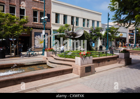 Buildings and dinosaur fountain sculpture in the 3rd Street Promenade, Santa Monica, CA. Stock Photo