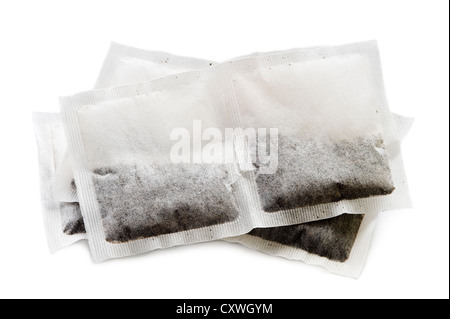 a heap of new unused tea bags isolated on a white background Stock Photo