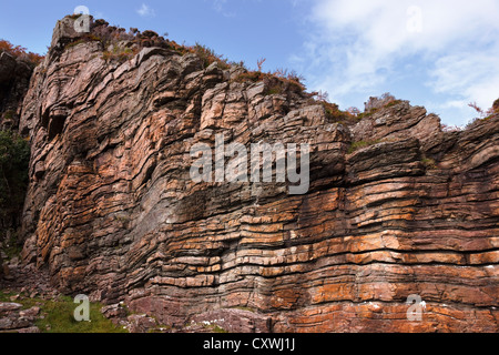 Eroded sedimentary sandstone rock strata on cliffs at Camas Daraich Bay, Point of Sleat, Skye, Scotland, UK Stock Photo