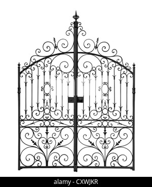 Black forged gate with decorative lattice isolated on white background Stock Photo