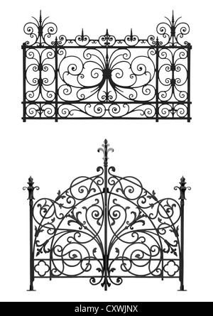 Set of black forged gate and decorative lattice isolated on white background Stock Photo