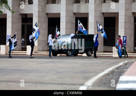 Cheerleaders exercising in the Courtyard of the Istiqlal Mosque in Jakarta, Indonesia Stock Photo