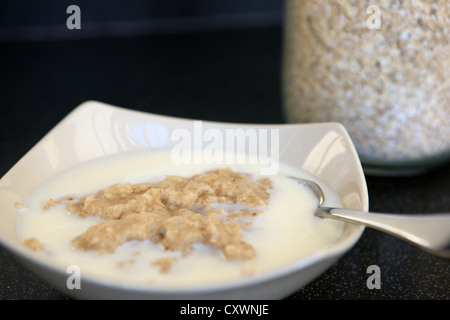 Bowl of porridge oats with milk Stock Photo