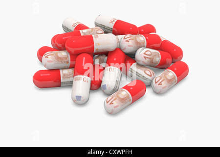 Pills decorated with euro notes Stock Photo