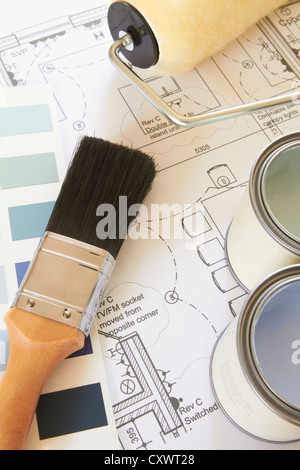 Selection Of Decorating Items On House Plans Stock Photo