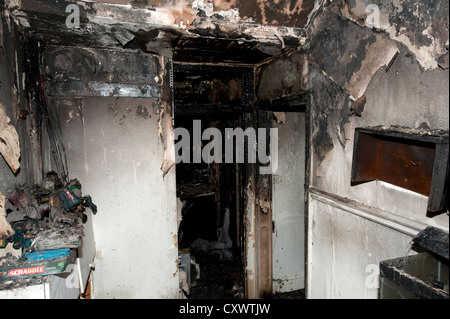 Severe house kitchen fire UK Stock Photo