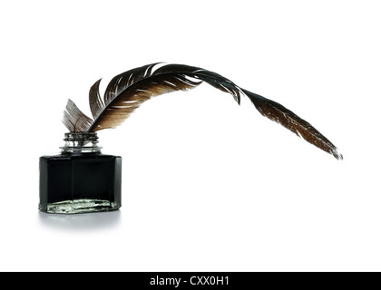 Feather and ink bottle on white background Stock Photo