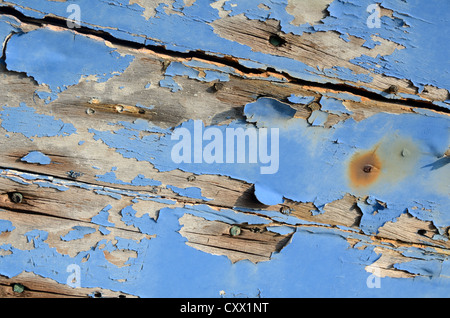 Old Flaking or Peeling Blue Paint on Hull of Rotten Old Wooden Boat Stock Photo