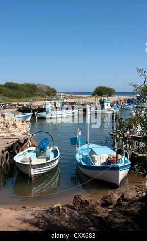 Fishing boats moored on the Liopetri river at Potamos, Cyprus Stock Photo