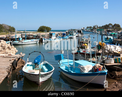 Fishing boats moored on the Liopetri river at Potamos, Cyprus Stock Photo