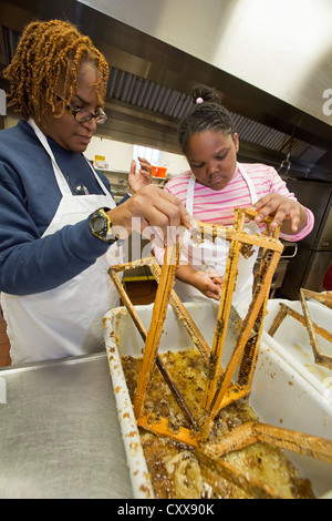 Volunteers clean bee frames after extracting honey at Earthworks Urban Farm Stock Photo