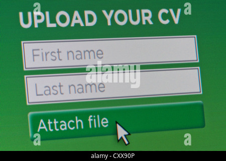 Close up of a fictional website inviting users to upload their CV and enter their contact details. Stock Photo