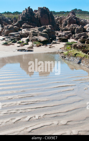 Ripples in sand on the beach filled with seawater. Stock Photo