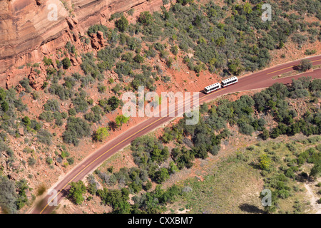 View from a top of Angels Landing -  looking down the Zion Canyon - Shuttle / bus driving on along the Floor of the Valley Rd Stock Photo