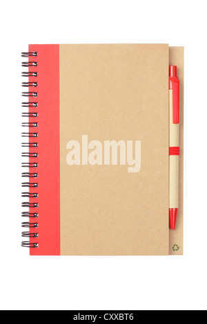 Note book and Pen Made From Recycled Materials on White Background Stock Photo