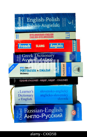 Pile of foreign dictionaries Stock Photo