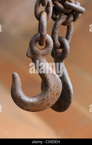 Rusty heavy-duty hooks, steelworks, mining Stock Photo