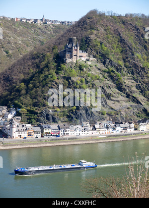 View of Katz Castle and the Rhine River as seen from St. Goar, St. Goarshausen, Rhineland-Palatinate, Upper Middle Rhine Valley Stock Photo