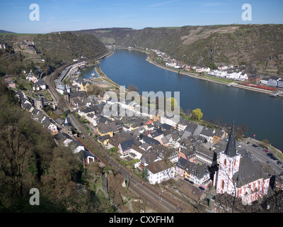 View of St. Goar and Rheinfels Castle, Rhine River, Rhineland-Palatinate, Upper Middle Rhine Valley Stock Photo