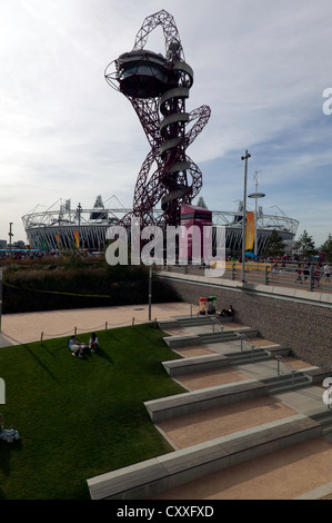 View of the Orbit and the Olympic Stadium, Stratford, London, during the 2012 London Paralympic Games. Stock Photo