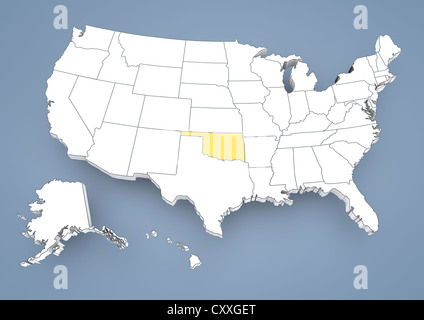 Oklahoma, OK, highlighted on a contour map of USA, United States of America, 3D illustration Stock Photo