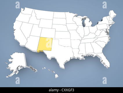 New Mexico, NM, highlighted on a contour map of USA, United States of America, 3D illustration Stock Photo