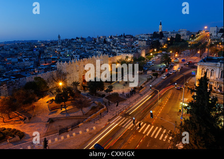 Damascus Gate with city walls, dusk, Old City, Jerusalem, from Paulus guest house, Israel, Middle East Stock Photo