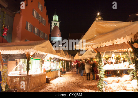 Christmas market with St. Nikolaus parish church, Ueberlingen, Lake Constance district, Baden-Wuerttemberg Stock Photo