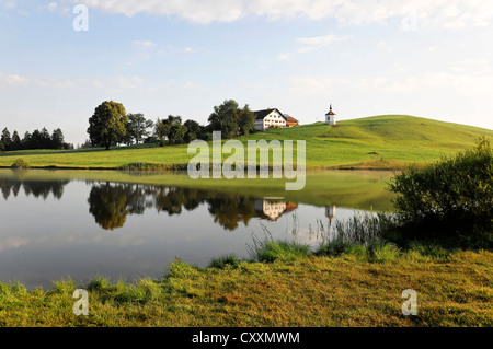 Small lake with a farmhouse near Oberstaufen, Allgaeu, Bavaria, PublicGround Stock Photo
