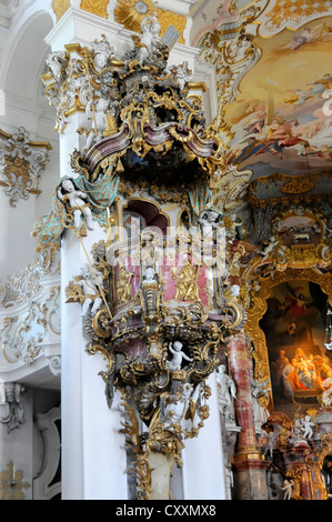 Interior view, pulpit, Wieskirche, Pilgrimage Church of Wies, Rococo, 1745-1754, UNESCO World Heritage Site, Wies Stock Photo