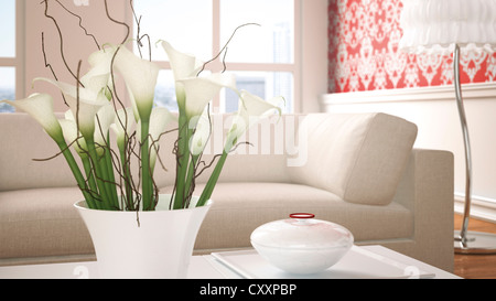 Room with sofa, table, lamp, bowl, vase with callas, Baroque-style wallpaper, 3D illustration Stock Photo