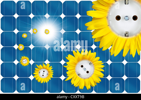 Symbolic image for solar energy, sun flower sockets flying out of a solar panel Stock Photo