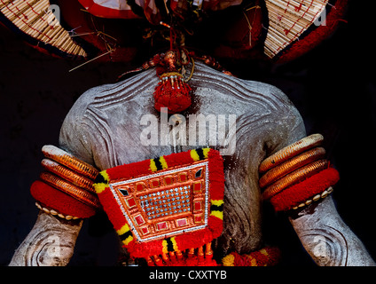 Man Dressed For Theyyam Ritual Covered With Traditionnal Painting, Thalassery, India Stock Photo