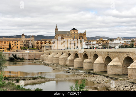 Puente Romano Puente Viejo, bridge over the Rio Guadalquivir River, in front of the Cathedral of Cordoba, Cordoba, Andalucia Stock Photo