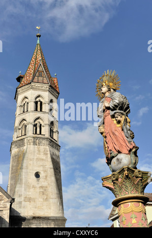 Holy figure on the market well in front of St. John's Church, with St. John's bell tower, late Romanesque, built from 1210-1230 Stock Photo
