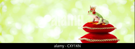 Frog wearing a golden crown sitting on cushions, illustration Stock Photo