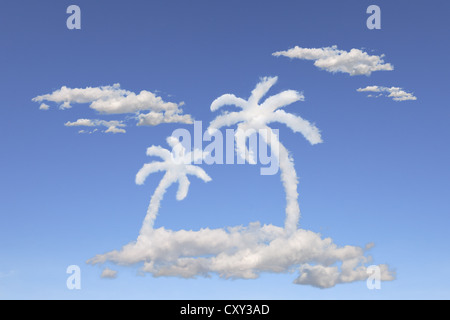 Cloud formations in the shape of an island with palm trees, illustration