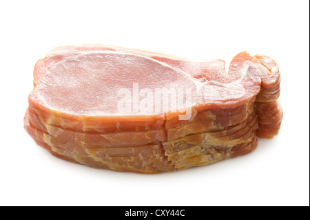 pile of raw back bacon rashers isolated on a white background Stock Photo