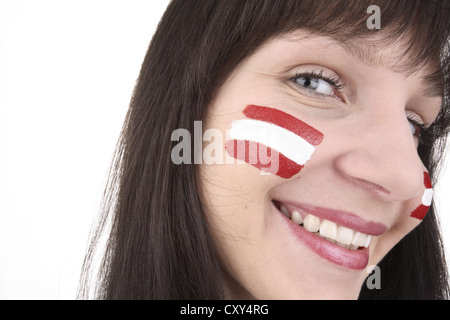 Young woman, football fan with a painted face, Austrian national flag Stock Photo
