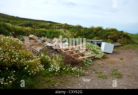 A pile of rubbish that has been fly tipped on open ground. Stock Photo