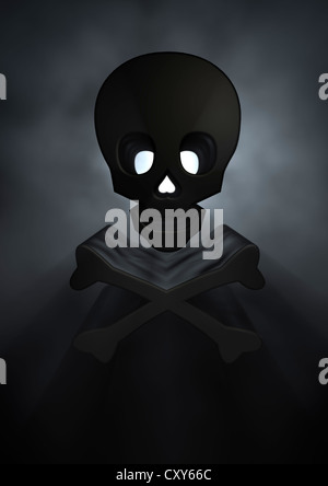 SKULL AND CROSSBONES Symbol lit from behind on a black background - CONCEPT Stock Photo