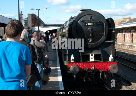 Steam locomotive 'Oliver Cromwell' at Shrub Hill station, Worcester, UK