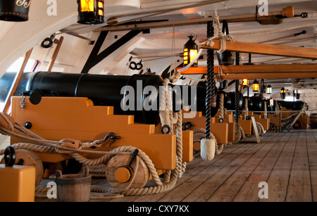 Cannon on upper gun deck of HMS Victory, Portsmouth Historic Dockyard Stock Photo