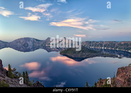 Sunrise on the caldera rim of Oregon's Crater Lake National Park. Stock Photo