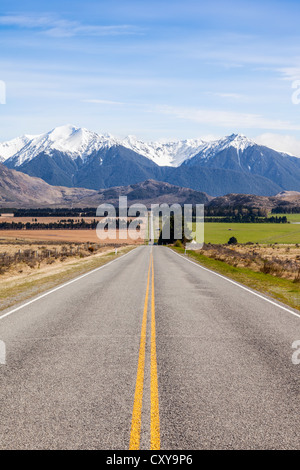 State Highway 73, the West Coast Road, near Lake Grasmere in Canterbury, New Zealand. Stock Photo