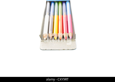 use old pencil color in box on white background isolated Stock Photo