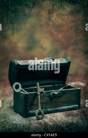 old, rusty keys in a dusty chest Stock Photo