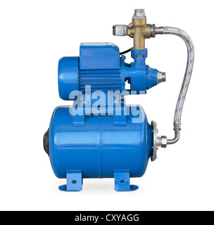 Blue electric high pressure water pump isolated on white Stock Photo