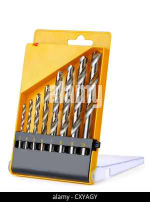Drill bit set in box isolated on white Stock Photo